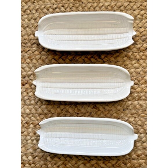 Bordallo Pinheiro Portugal White Ceramic Corn on the Cob Dishes Vtg Lot of 3 - Picture 1 of 8